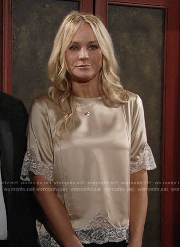 Sharon’s champagne top with white lace trim on The Young and the Restless