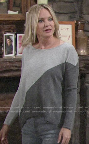 Sharon's grey diagonal colorblock sweater on The Young and the Restless