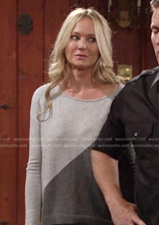 Sharon’s grey diagonal colorblock sweater on The Young and the Restless