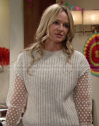 Sharon’s ribbed sweater with sheer sleeves on The Young and the Restless