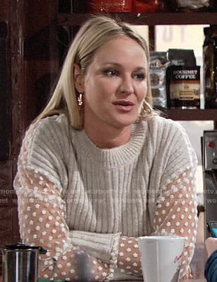 Sharon’s ribbed sweater with sheer sleeves on The Young and the Restless