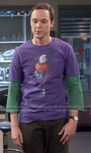 Sheldon’s purple t-shirt with an astronaut and planet balloons on The Big Bang Theory