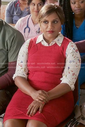 Mindy’s white floral shirt and red knitted vest and skirt on The Mindy Project