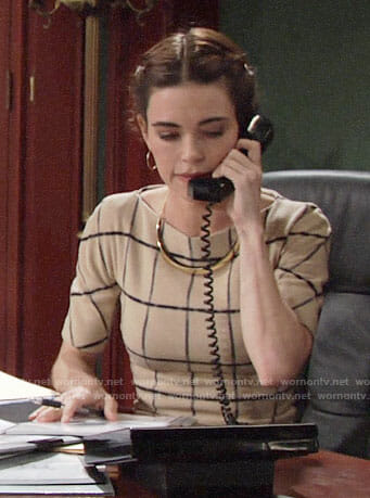 Victoria’s beige windowpane checked dress on The Young and the Restless
