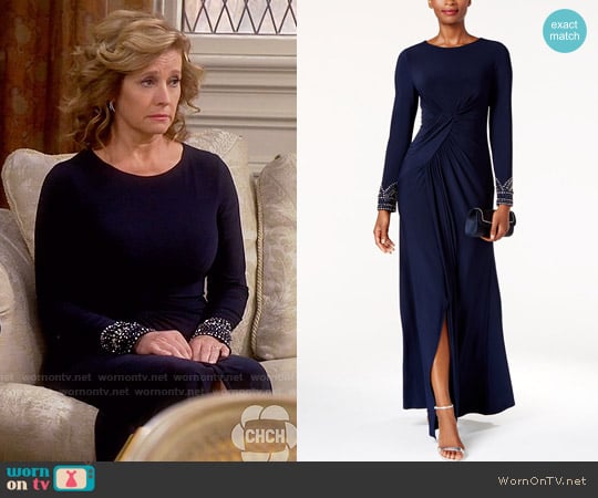 Vince Camuto Beaded Draped Gown worn by Vanessa Baxter (Nancy Travis) on Last Man Standing