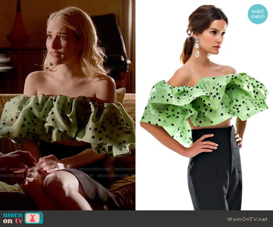 Bambah Green Polka Double Ruffle Top worn by Chanel Oberlin (Emma Roberts) on Scream Queens