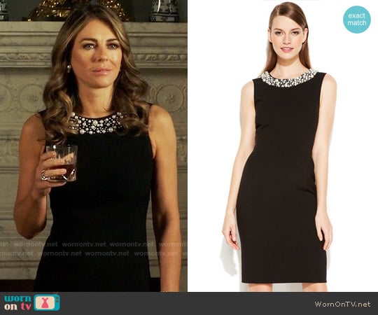 Calvin Klein Sleeveless Beaded Sheath Dress worn by Queen Helena (Elizabeth Hurley) on The Royals