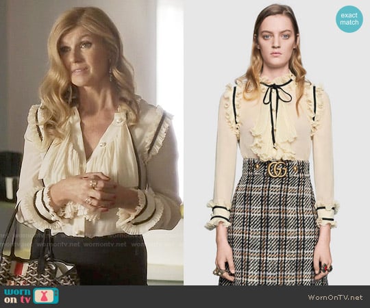 Gucci Pleated silk georgette shirt worn by Rayna Jaymes (Connie Britton) on Nashville