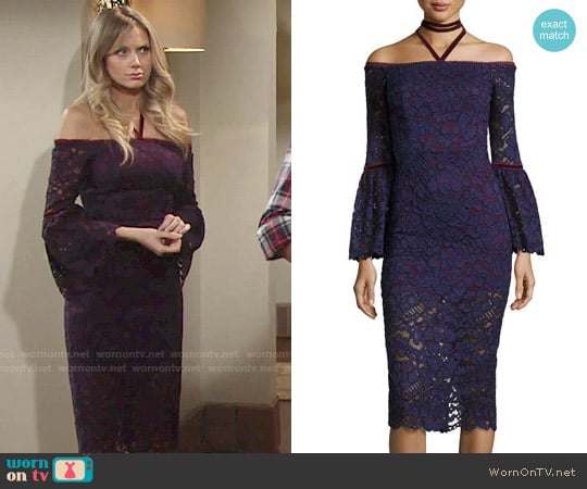 Alexis Belin Off-the-Shoulder Lace Dress w/ Velvet Necktie worn by Abby Newman (Melissa Ordway) on The Young and the Restless