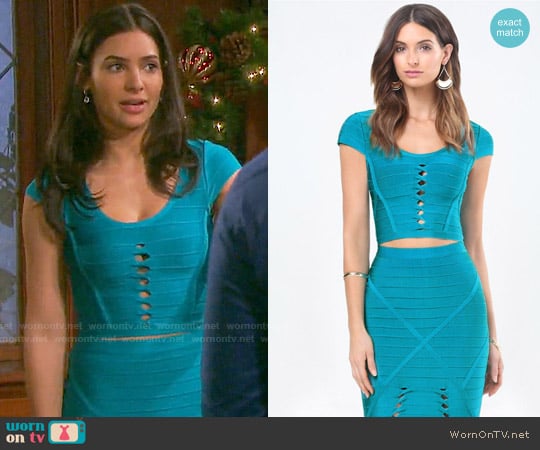 Bebe Twist Detail Bandage Top and Skirt worn by Gabi Hernandez (Camila Banus) on Days of our Lives