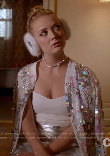 Chanel 3’s white embellished bomber jacket on Scream Queens