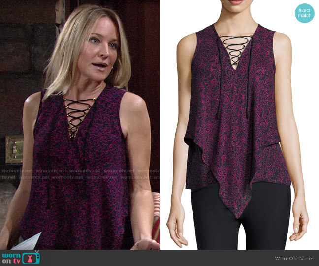10 Crosby by Derek Lam Laced Printed Silk Handkerchief Tank worn by Sharon Newman (Sharon Case) on The Young & the Restless