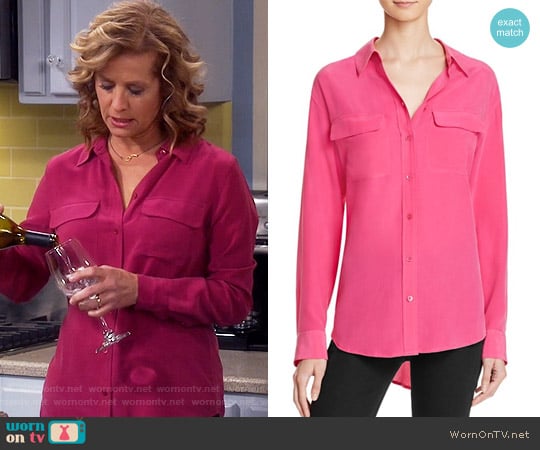 Equipment Slim Signature Blouse in Cosmopolitan Pink worn by Vanessa Baxter (Nancy Travis) on Last Man Standing