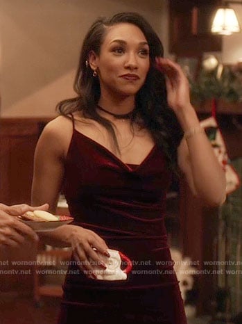 Iris's burgundy velvet dress on The Flash