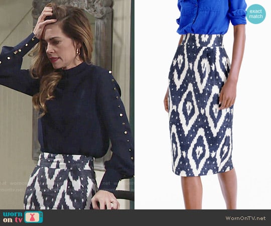 J. Crew Collection Midi Skirt in Ikat worn by Victoria Newman (Amelia Heinle) on The Young and the Restless