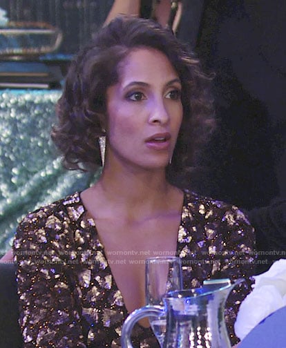 Lily’s bronze embellished v-neck dress on The Young and the Restless