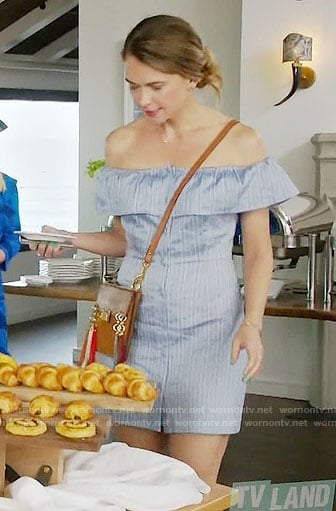 Liza's blue striped off-shoulder dress and tassel bag on Younger