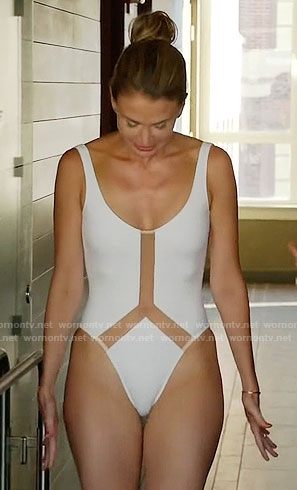 Liza's white swimsuit with mesh panels on Younger