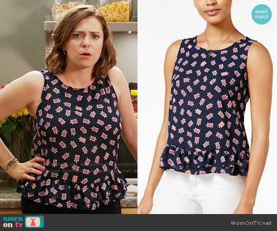 Maison Jules Ruffle Hem Top in Navy Stone Combo worn by Rebecca Bunch (Rachel Bloom) on Crazy Ex-Girlfriend