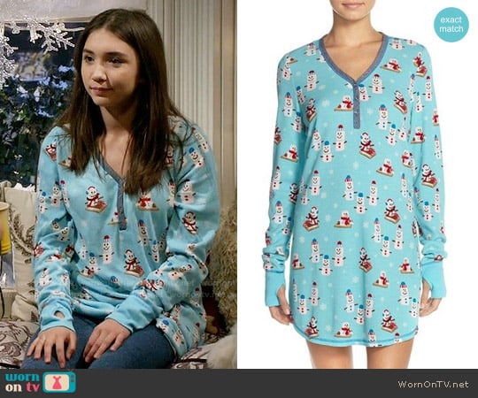 PJ Salvage Thermal Knit Sleep Shirt in Aqua Snowmen worn by Riley Matthews (Rowan Blanchard) on Girl Meets World