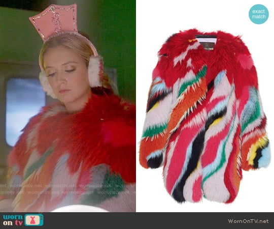 Roberto Cavalli Striped Intarsia Fur Coat worn by Chanel #3 (Billie Lourd) on Scream Queens