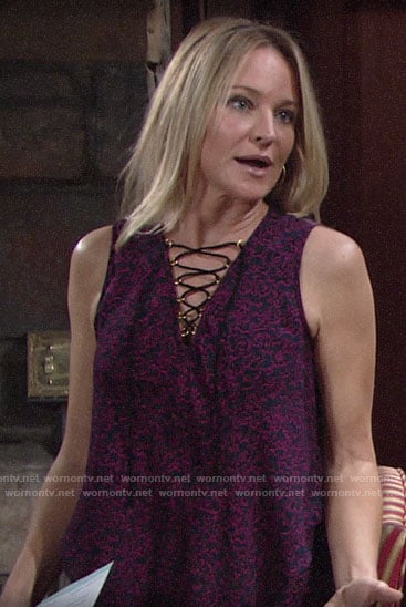 Sharon’s purple lace-up top on The Young and the Restless