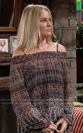 Sharon’s printed off-shoulder top on The Young and the Restless