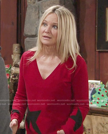 Sharon's red star print sweater on The Young and the Restless