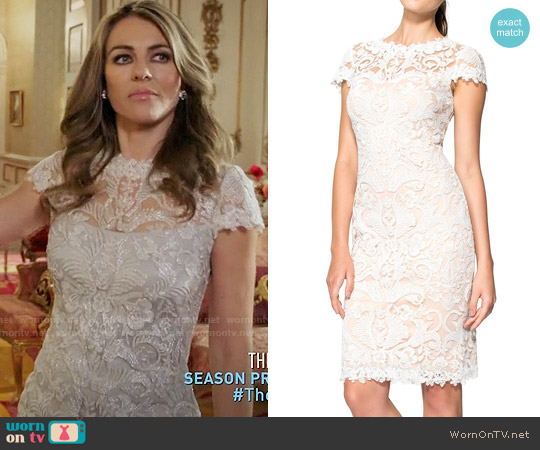 Tadashi Shoji Illusion Yoke Lace Sheath Dress worn by Queen Helena (Elizabeth Hurley) on The Royals