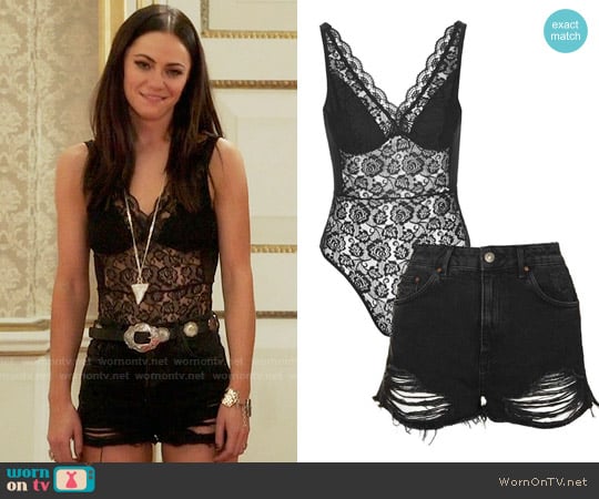 Topshop Lace & Mesh Bodysuit and MOTO Ripped Mom Shorts worn by Princess Eleanor (Alexandra Park) on The Royals