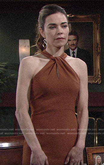 Victoria’s tan twist neck dress on The Young and the Restless