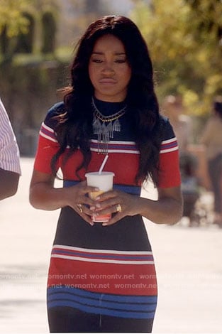 Zayday's red and blue striped midi dress on Scream Queens