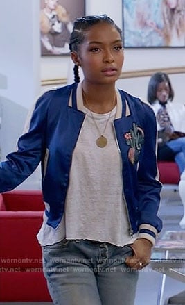 Zoey's blue bomber jacket on Black-ish