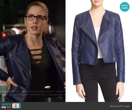 Veda Dali Leather Jacket in Lapis worn by Felicity Smoak (Emily Bett Rickards) on Arrow