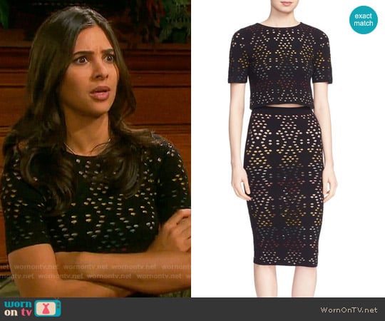 Alice + Olivia Ines Top and Ani Skirt worn by Gabi Hernandez (Camila Banus) on Days of our Lives