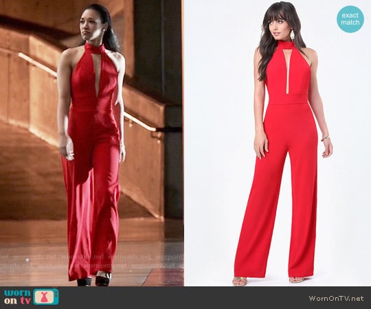 Bebe Deep Plunge Halter Jumpsuit worn by Iris West (Candice Patton) on The Flash