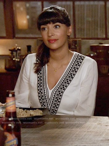 Cece's white v-neck embroidered dress on New Girl