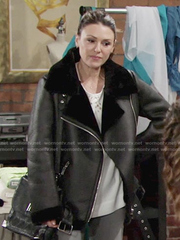 Chloe’s black oversized biker jacket with fur collar on The Young and the Restless