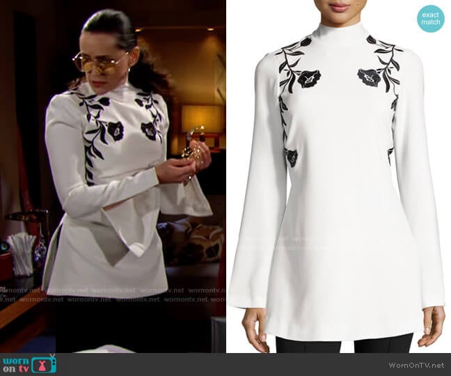 Cinq a Sept Rosabell Floral Open-Back Tunic worn by Quinn Fuller (Rena Sofer) on The Bold and the Beautiful