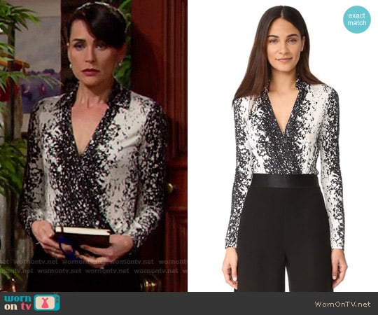 Diane von Furstenberg New Jeanne Bodysuit in Stella Black worn by Quinn Fuller (Rena Sofer) on The Bold and the Beautiful