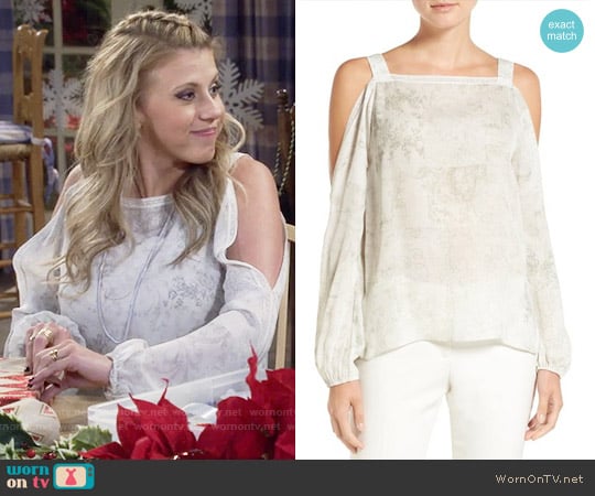 Elie Tahari Lindy Cold-Shoulder Silk Blouse worn by Stephanie Tanner (Jodie Sweetin) on Fuller House