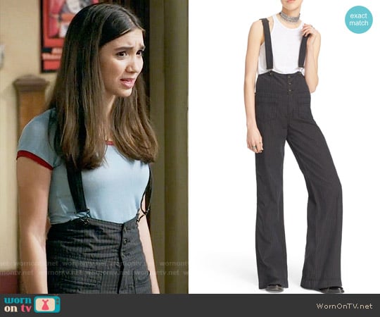 Free People Pinstripe Flare Overalls worn by Riley Matthews (Rowan Blanchard) on Girl Meets World