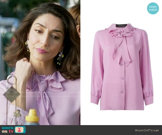 Gucci Ruffled Collar Blouse worn by Delia (Necar Zadegan) on Girlfriends Guide to Divorce