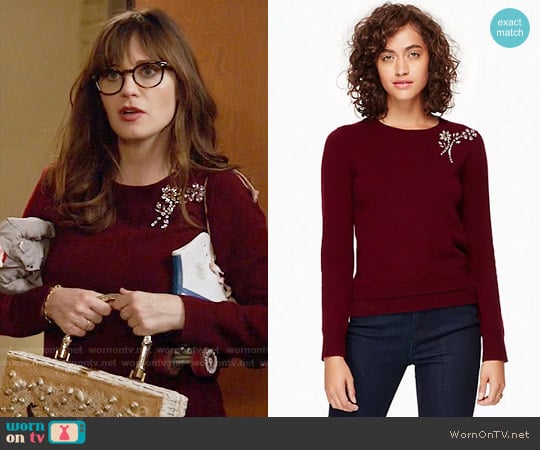 Kate Spade Embellished Brooch Sweater worn by Jessica Day (Zooey Deschanel) on New Girl