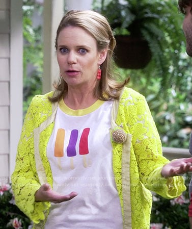 Kimmy's popsicle tee and yellow lace jacket on Fuller House