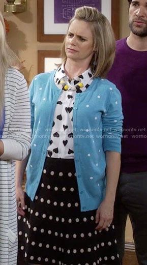 Kimmy's heart print top and polka dot cardigan and skirt on Fuller House