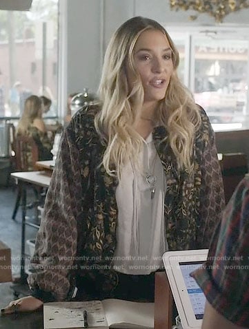 Maddie’s silver drawstring top and mixed print bomber jacket on Nashville