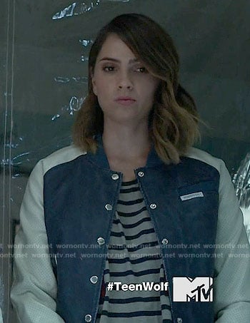 Malia's blue bomber jacket with white sleeves on Teen Wolf