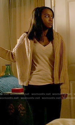 Michaela's beige ribbed cardigan on How to Get Away with Murder
