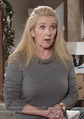 Nikki’s grey beaded sweater on The Young and the Restless